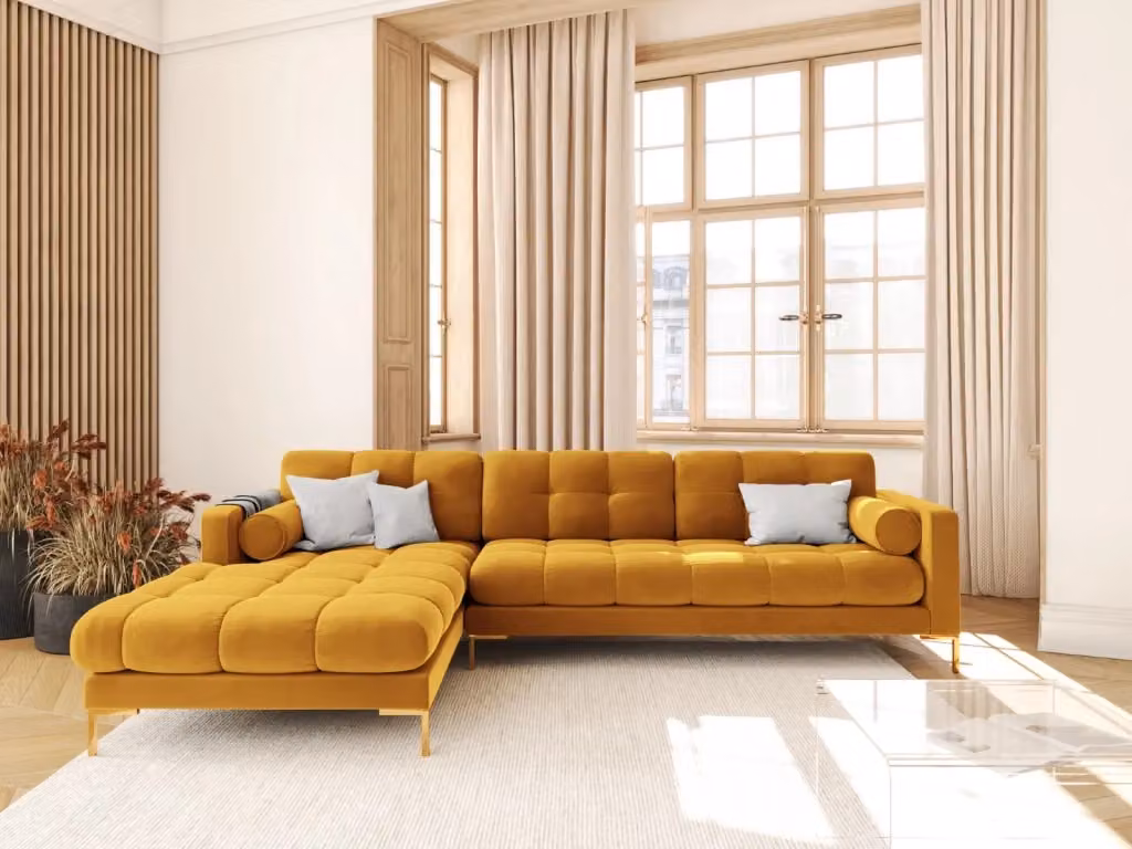 Divano angolare sinistro Bali di Cosmopolitan Design in velluto giallo con 5 posti e cuscini coordinati – 2