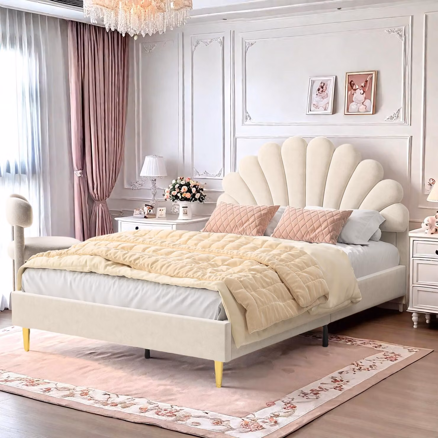 Letto imbottito 140 x 200 cm Struttura del letto con testata a forma di fiore e rete a doghe, letto matrimoniale per ragazzi in tessuto vellutato delicato sulla pelle, letto per ospiti