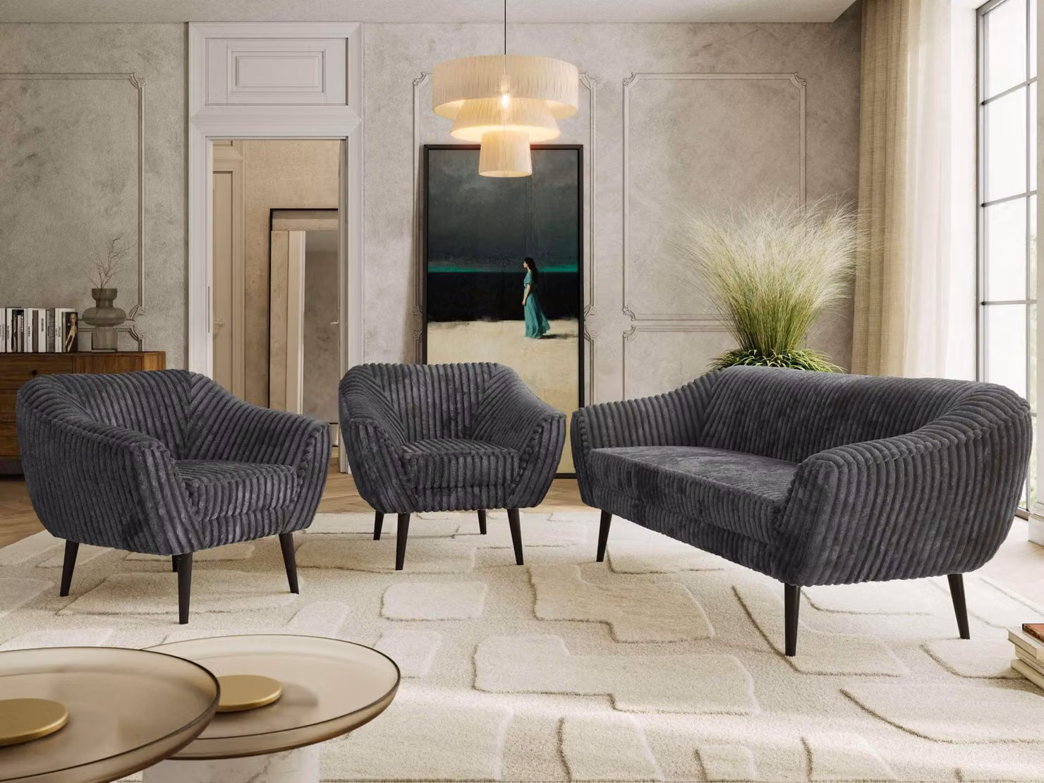Divano componibile MKS MEBLE, set divani PIRS 1-1-3, divano scandinavo a 3 posti con poltrone, divano con sospensioni a molle, gambe nere, design scandinavo - Grigio corduroy