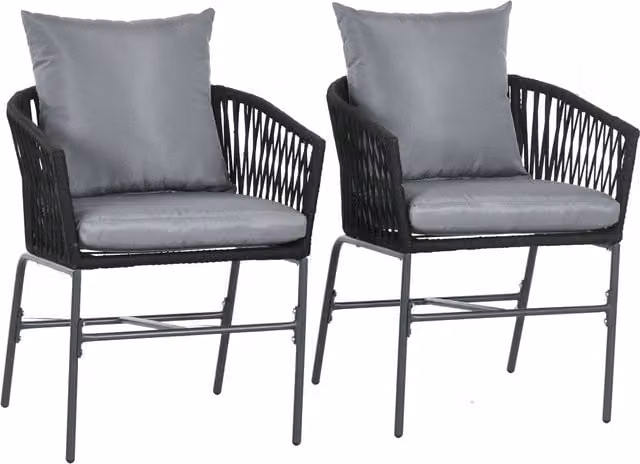 Set di 2 sedie da esterno Outsunny in stile boho con telaio in metallo nero e cuscini per seduta e schienale – 1