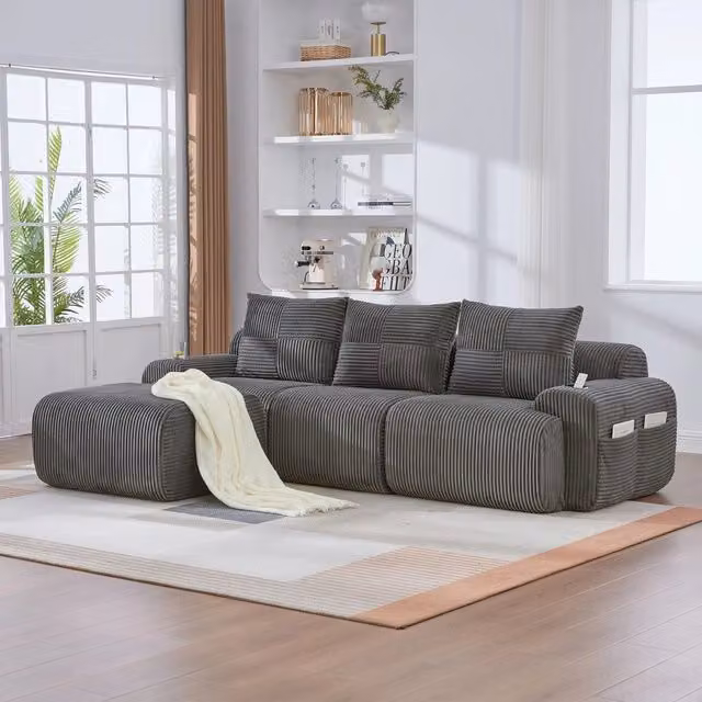 Divano 3 posti velluto grigio scuro con contenitore ¨C Minimal ¨C gambe in metallo con poggiapiedi