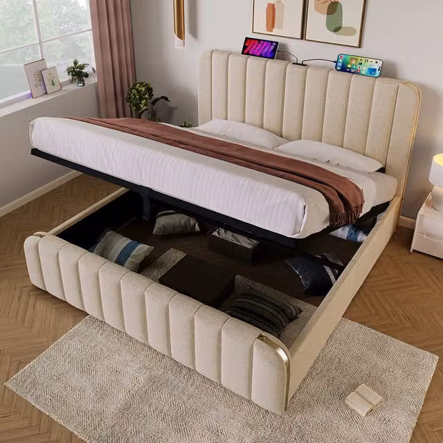 Letto con testiera imbottita - Xylo - 180x200 cm - Beige - Funzione di ricarica USB Type-C