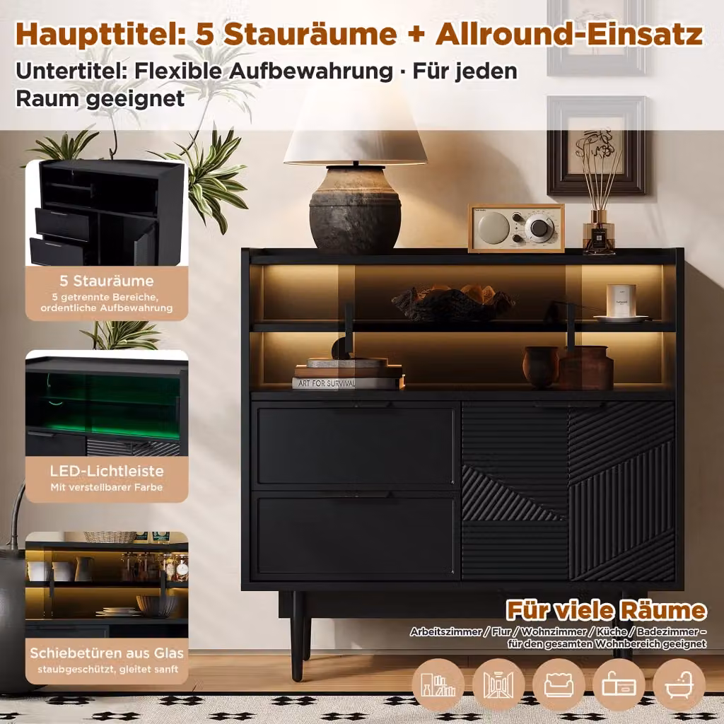 Armadio portaoggetti REDOM nero in MDF con ante scorrevoli in vetro e illuminazione LED, Larghezza: 80 cm – 2