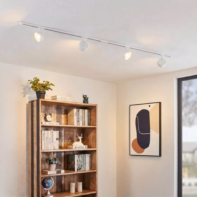Sistema di binari Lindby Linaro, Ø 9,5 cm, a 4 luci, LED, bianco Linaro, Bianco / Opale, Studio / Ufficio, Alluminio, Moderno