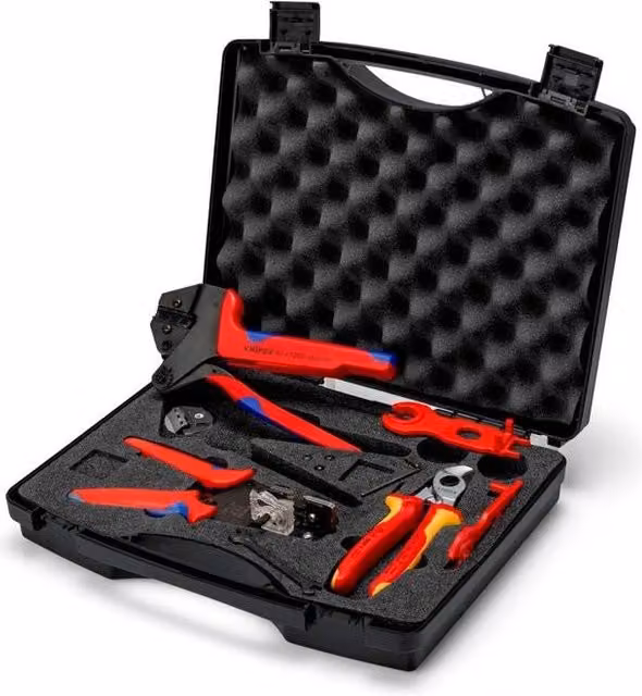 Valigetta Attrezzi per Installazioni Fotovoltaiche Knipex con Pinza Crimpatrice Universale, Forbici Spelacavi e Accessori per Connettori MC4, Nero – 1