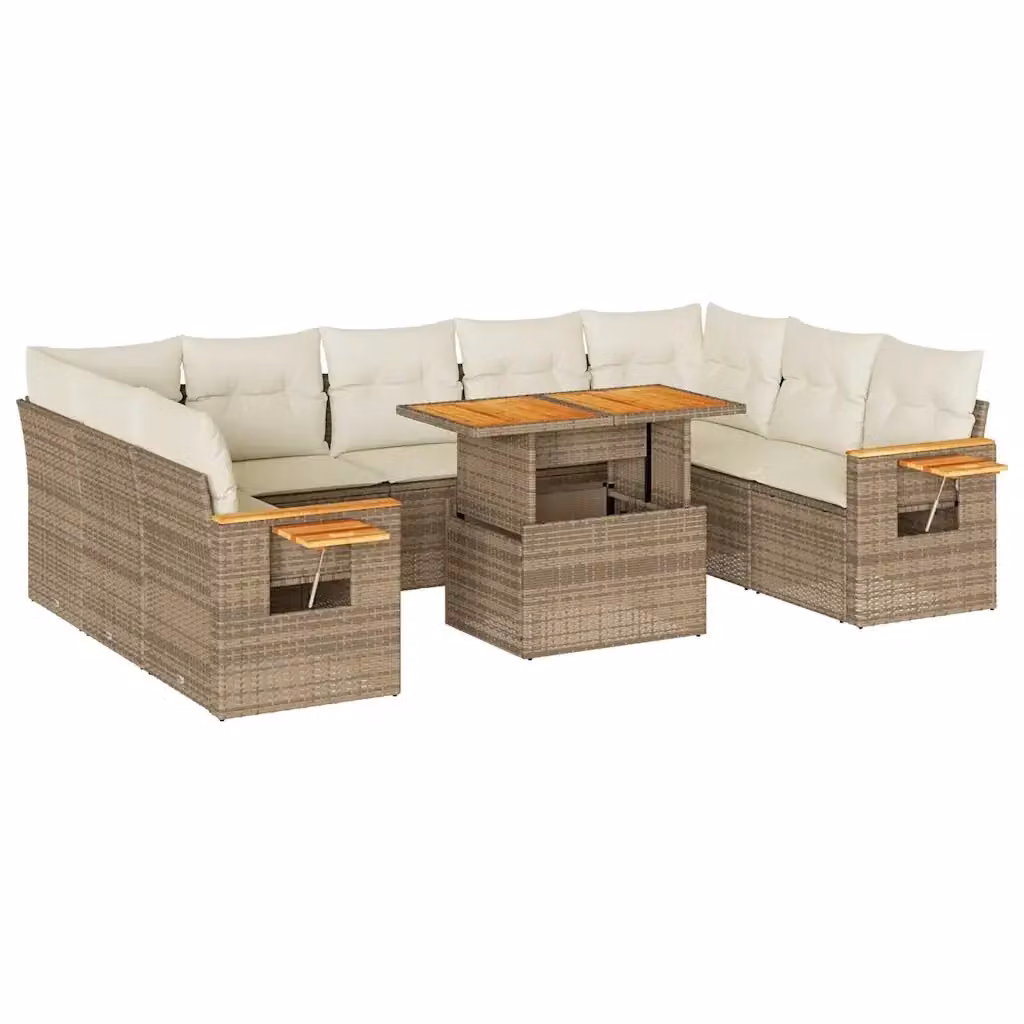 Set da giardino a forma di U vidaXL composto da 10 pezzi in polyrattan e legno di acacia con cuscini beige e tavolino da esterno – 2