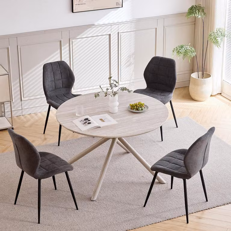Set da pranzo composto da tavolo rotondo e 4 sedie, colore grigio chiaro/grigio, dimensioni 115x115x73 cm