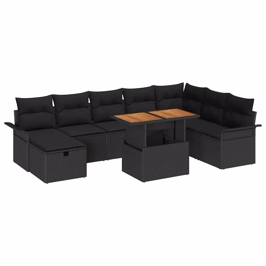 Set Divano da Giardino vidaXL 9 Pezzi in Polyrattan Nero con Cuscini e Tavolino da Esterno – 2