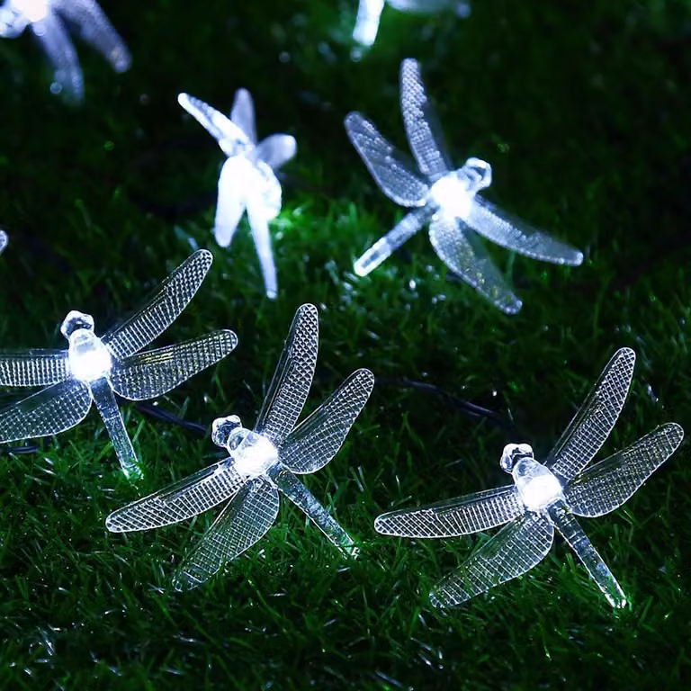 Catena luminosa solare a forma di libellula, 5 metri, 20 LED, grado di protezione IP65, 8 modalità, luce bianca fredda