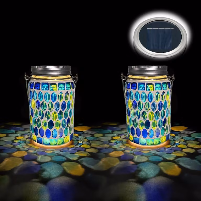 Set di 2 lampade in vetro mosaico solare, grado di protezione IP65, luce bianco caldo, colore blu
