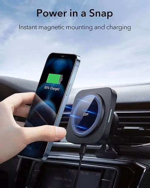 Caricabatteria wireless ESR con ricarica rapida e supporto air vent, nero, con porte USB-A e USB-C