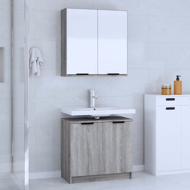 Set Mobili da Bagno Moderno vidaXL in Legno Multistrato Grigio composto da Mobile Lavabo e Armadietto con Specchio L/P/H: 64,5 x 33,5 x 59,0 cm
