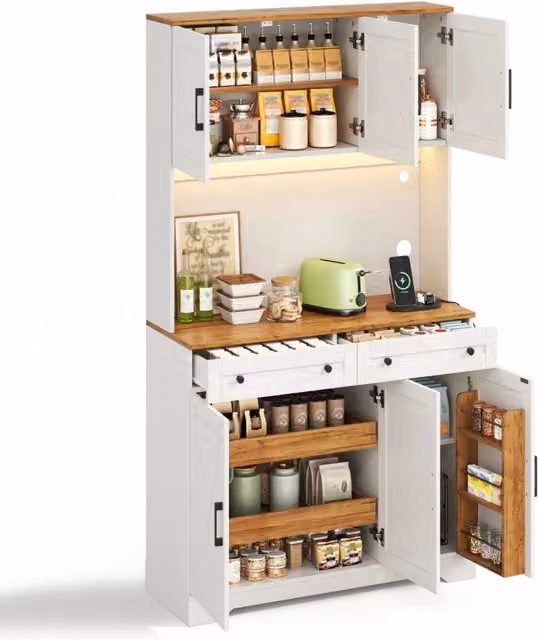 Colonna cucina Chicfurn moderna con 2 cassetti estraibili, ripiani e luce LED, disponibile in bianco o beige, L/P/H: 100 x 40 x 180 cm