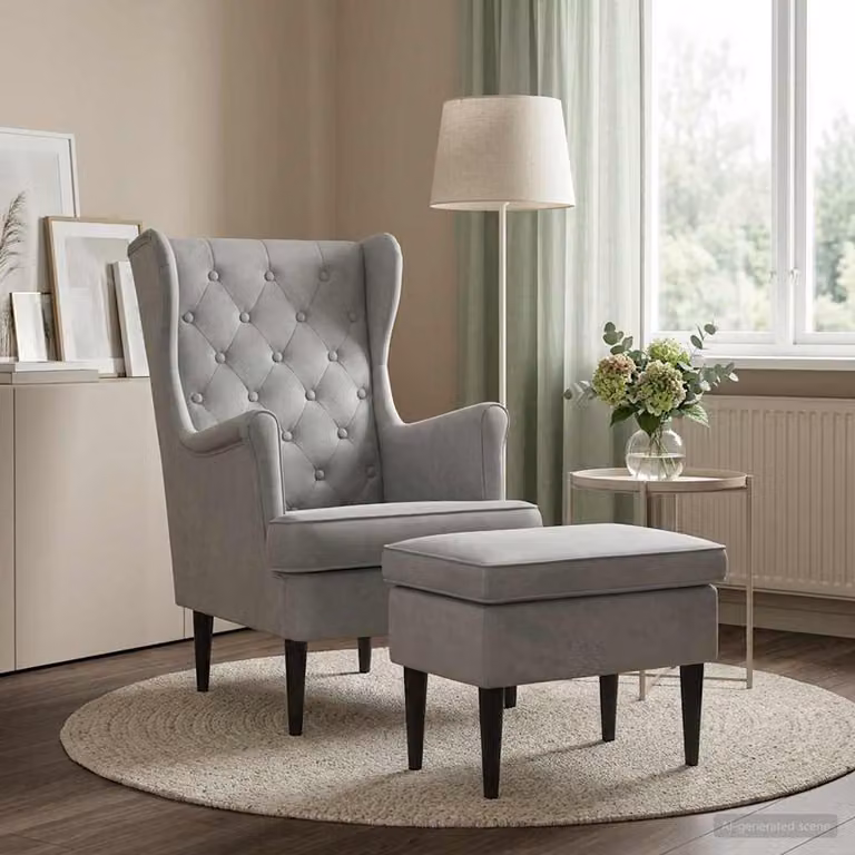 Set di Poltrona con Ottomano vidaXL in Velluto Grigio Chiaro con Struttura in Legno di Gomma per Soggiorno