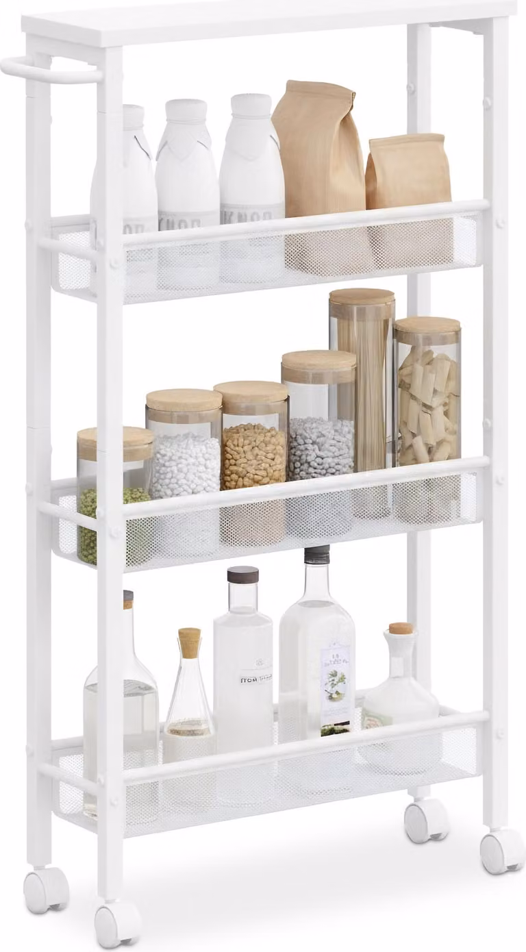 Relaxdays Scaffale da nicchia, L x P x A: 77 x 13 x 45,5 cm, scaffale da nicchia compatto per bagno e cucina, 4 ripiani, scaffale mobile in metallo, bianco