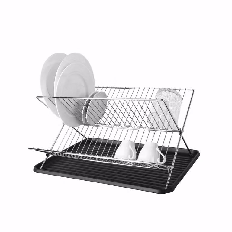 Scolapiatti Gusto Casa in metallo cromato argento con base per 22 piatti e vassoio raccogligocce H: 23 cm, L: 43 cm, P: 32 cm