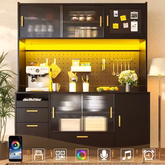 Credenza nera 180 cm con illuminazione LED e pannello forato, ante scorrevoli in vetro e chiusura magnetica, portata fino a 60 kg