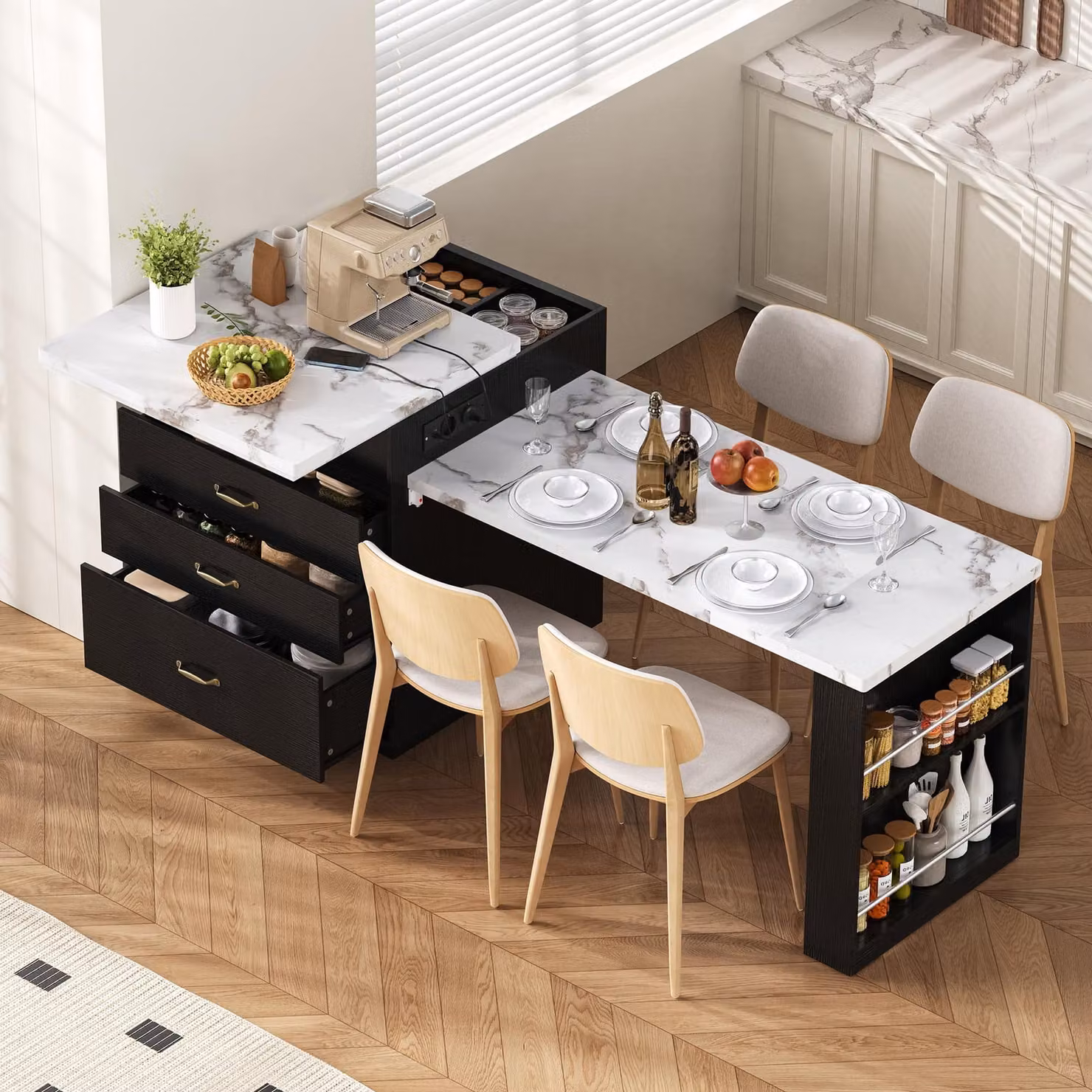 Isola da cucina con illuminazione a LED e prese elettriche, bancone da bar, mobile contenitore con cassetti e spazio aperto, tavolo da cucina con piano allungabile e ribaltabile, colore nero