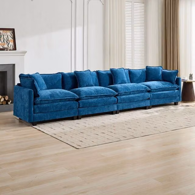 Divano 4 posti ¨C Minimal ¨C Blu, tessuto chenille imbottito con cuscini