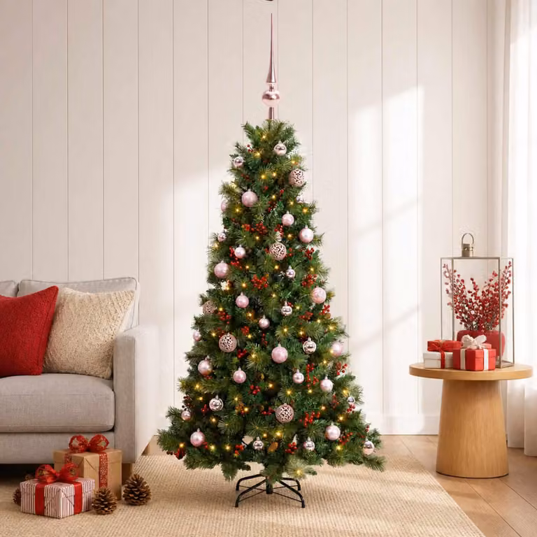 Albero di Natale artificiale con decorazioni natalizie, altezza 150 cm, 150 luci LED