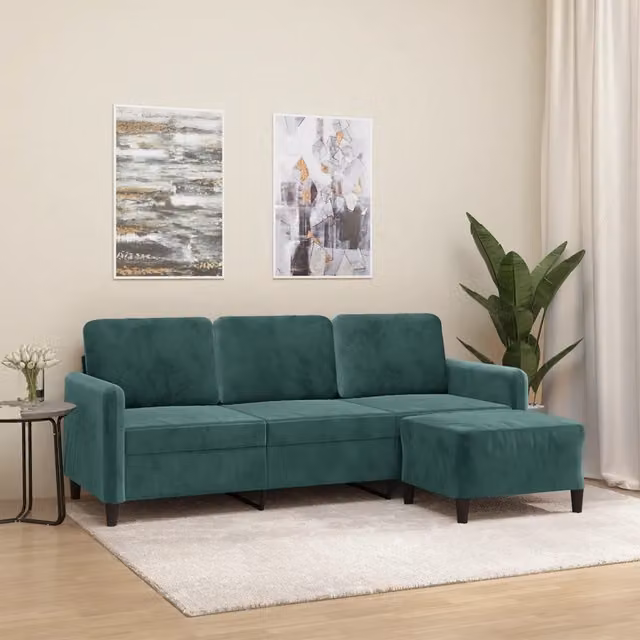 Divano a 3 posti con poggiapiedi vidaXL in velluto verde con struttura in legno e metallo L: 198 cm, P: 80 cm, H: 77 cm – 1