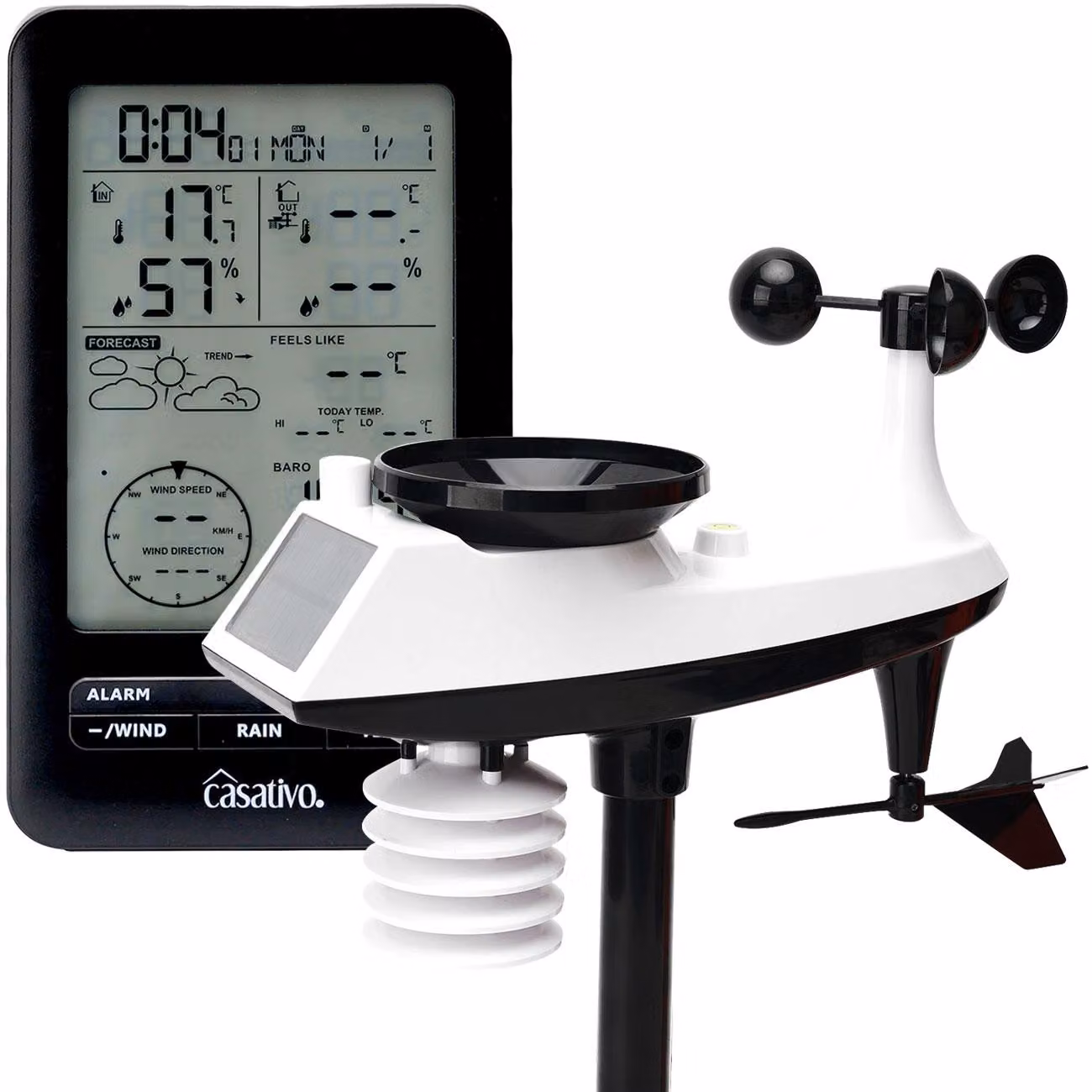Stazione meteorologica professionale senza fili con sensore esterno a energia solare – pluviometro, anemometro, barometro e igrometro – portata di 100 m, previsioni del tempo e sveglia radio