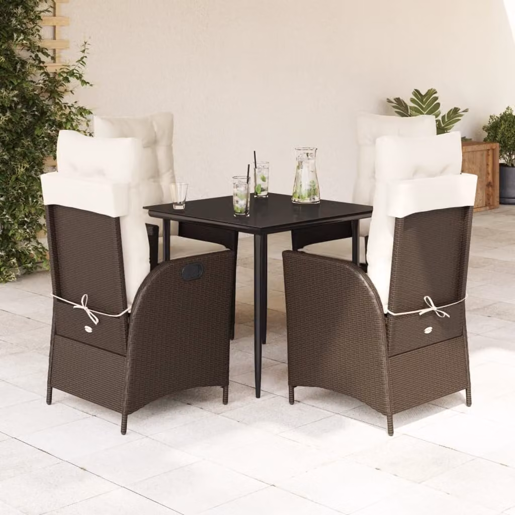 Set da Pranzo da Giardino 5pz vidaXL in Polyrattan Marrone con Piano in Vetro e Cuscini – 1
