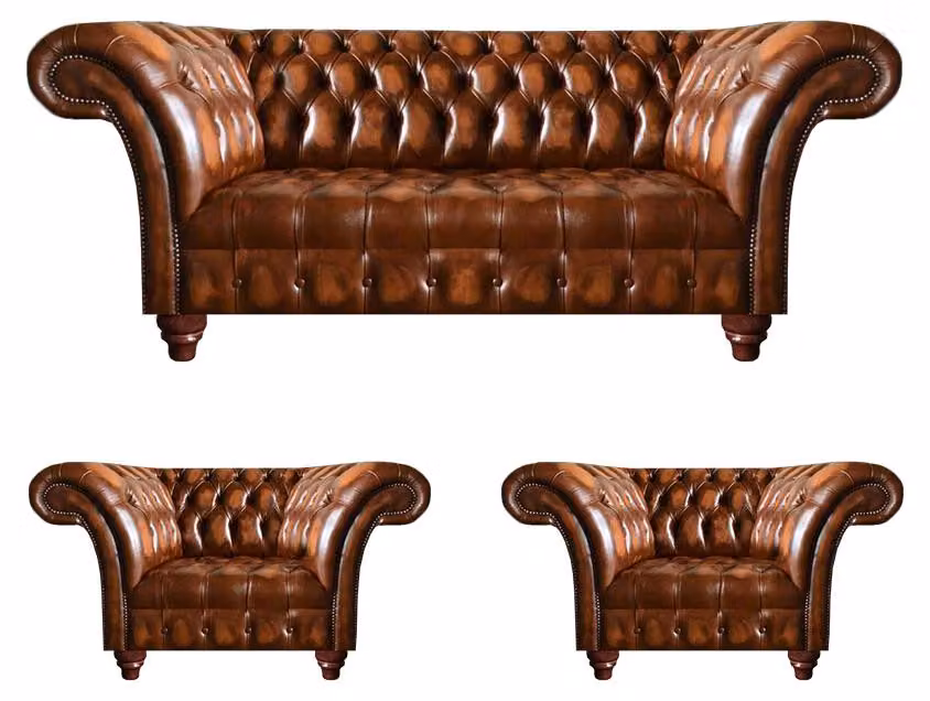 Braune Wohnzimmer Chesterfield Garnitur 2x Ledersessel Edler Dreisitzer