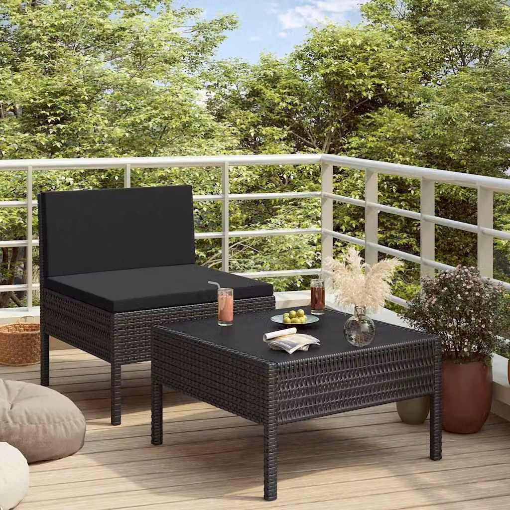 Set da giardino moderno vidaXL composto da divano a 2 posti e tavolino con cuscini imbottiti in tessuto resistente ai raggi UV e struttura in metallo nero – 1