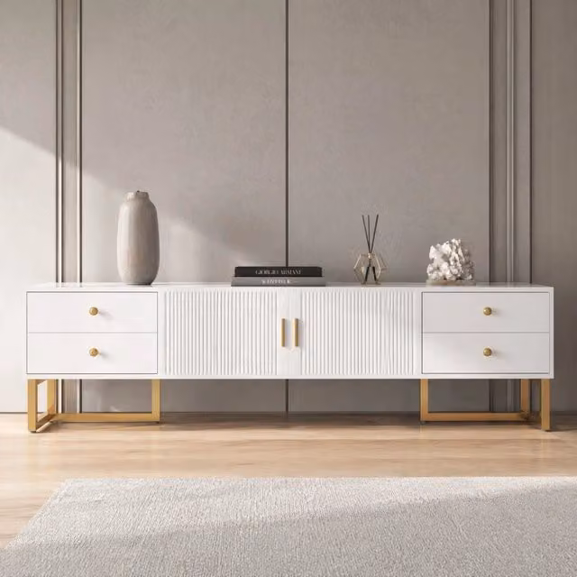 Mobile TV Mivray moderno in MDF bianco con quattro cassetti, due ante e dettagli dorati L/P/H: 175 x 30 x 46 cm – 1