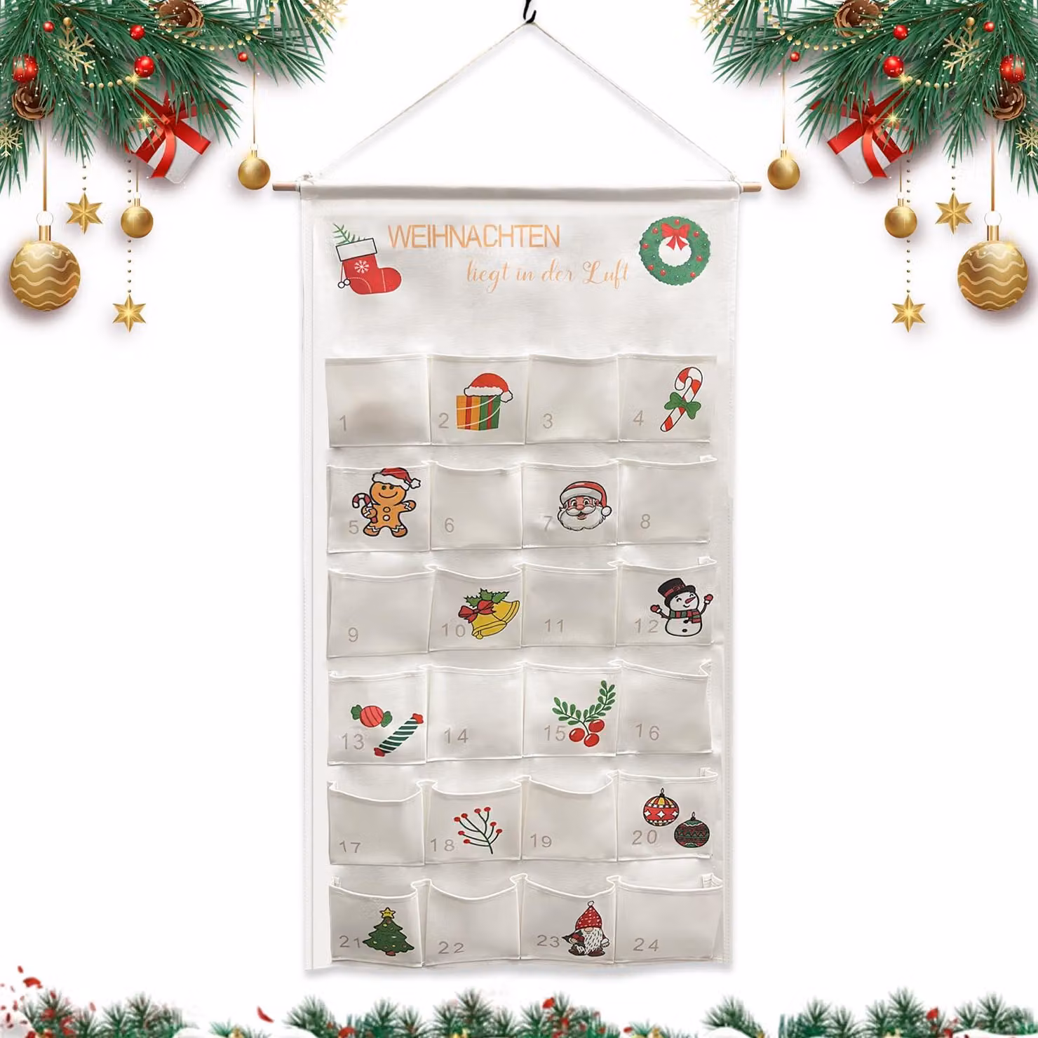 Calendario dell'Avvento in tessuto, con 24 scomparti, dimensioni 100x50 cm, colore bianco