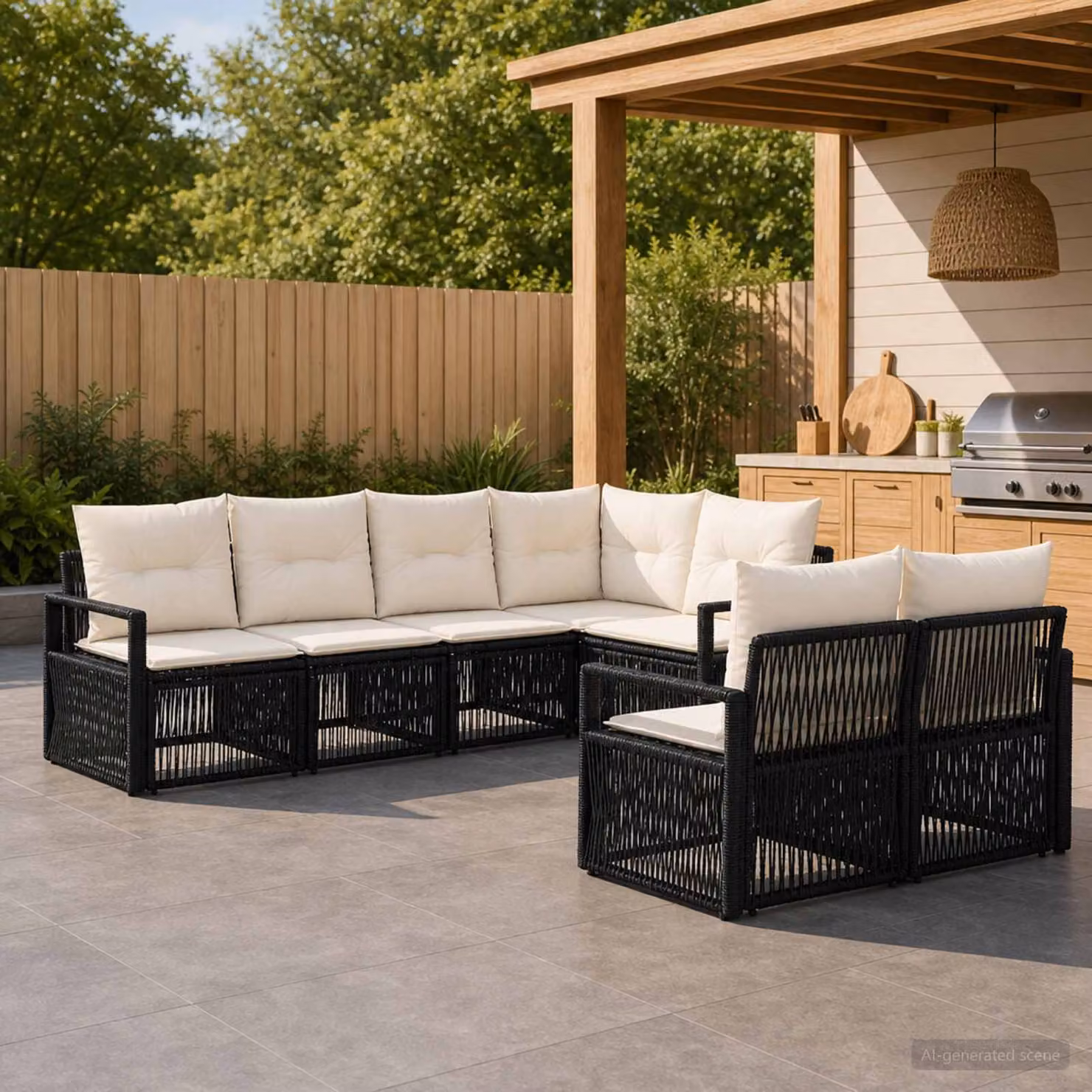 Set Divano da Giardino vidaXL 7 posti a L in Polyrattan Nero con Cuscini e Struttura in Acciaio