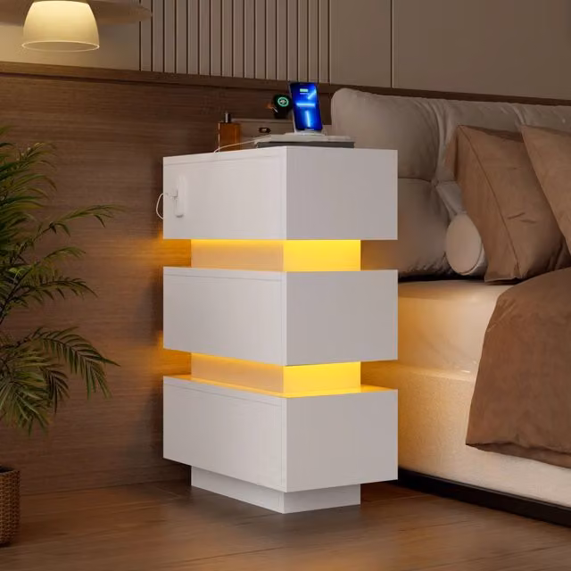 Comodini set di 2 con 3 cassetti, LED e presa USB tipo C, in truciolare bianco per camera da letto, 20×40×59.5 cm