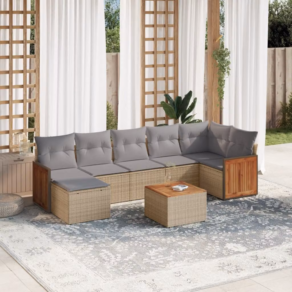 vidaXL Set Divano da Giardino 8 pz a L in Polyrattan Beige con Cuscini e Tavolino – 1