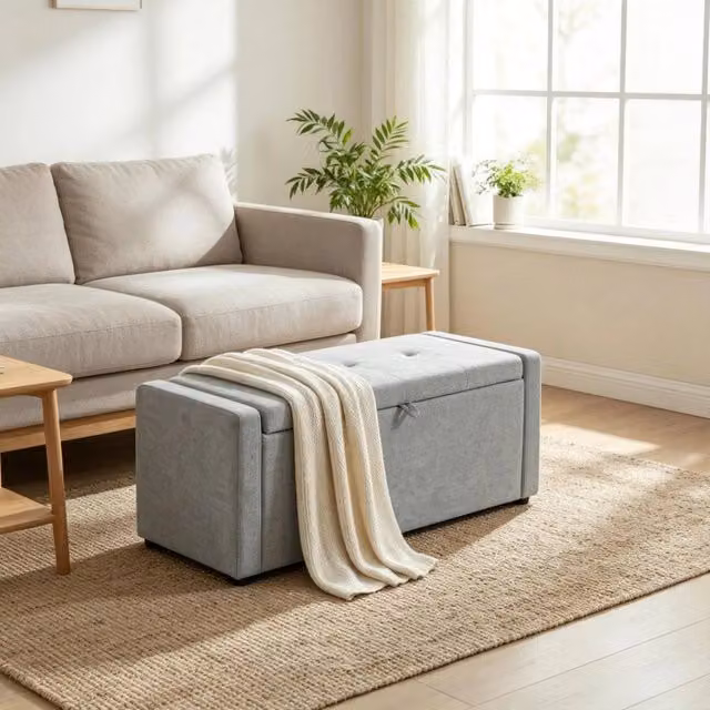 Panca contenitore ULEVR 122x48x44 cm in lino grigio chiaro con seduta imbottita e vano nascosto