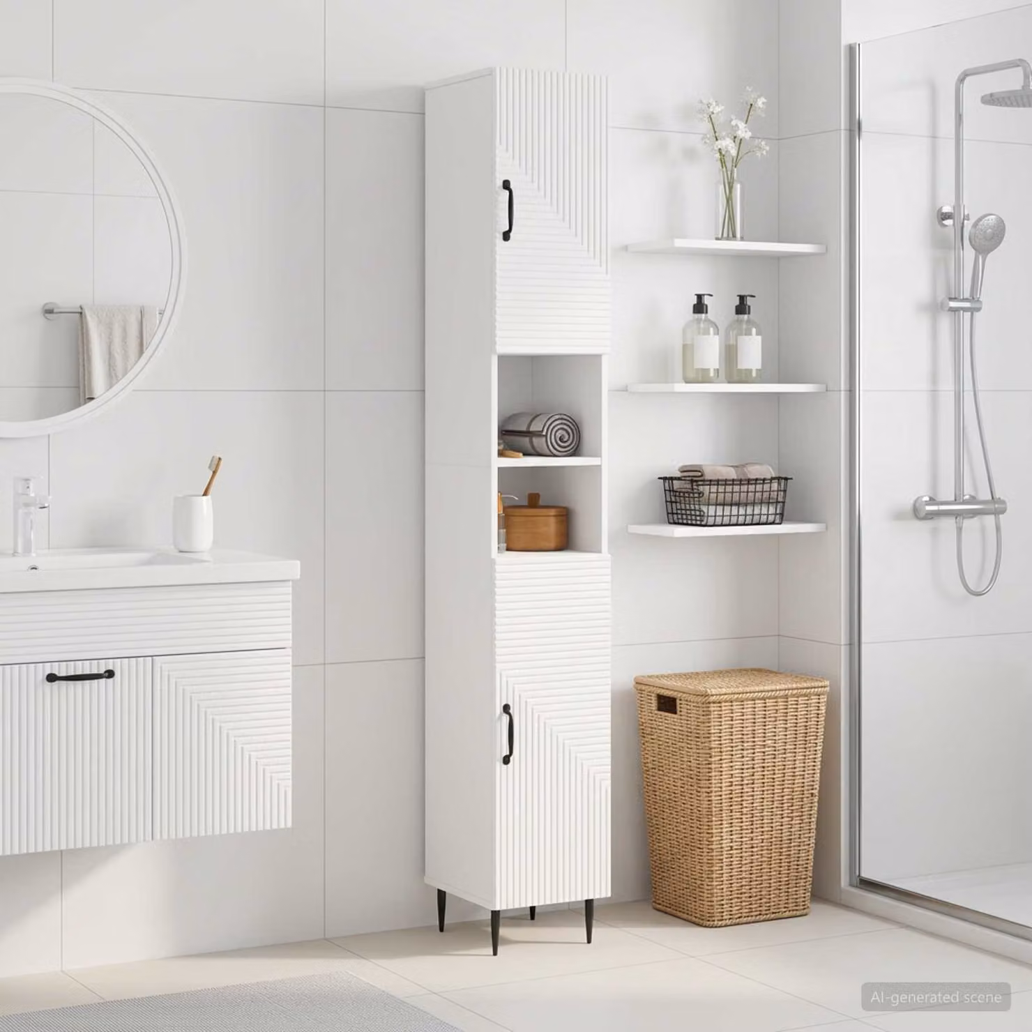 Armadio da bagno moderno vidaXL HAARLEM con ripiani e ante a battente, Bianco lucido, L: 30,0 cm, P: 23,7 cm, H: 190,0 cm