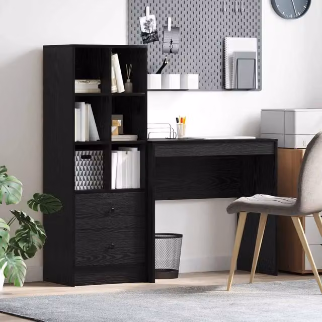 Set di scrivania e scaffali moderni vidaXL in rovere e nero, L: 125,5 cm, P: 40 cm, H: 127 cm – 1