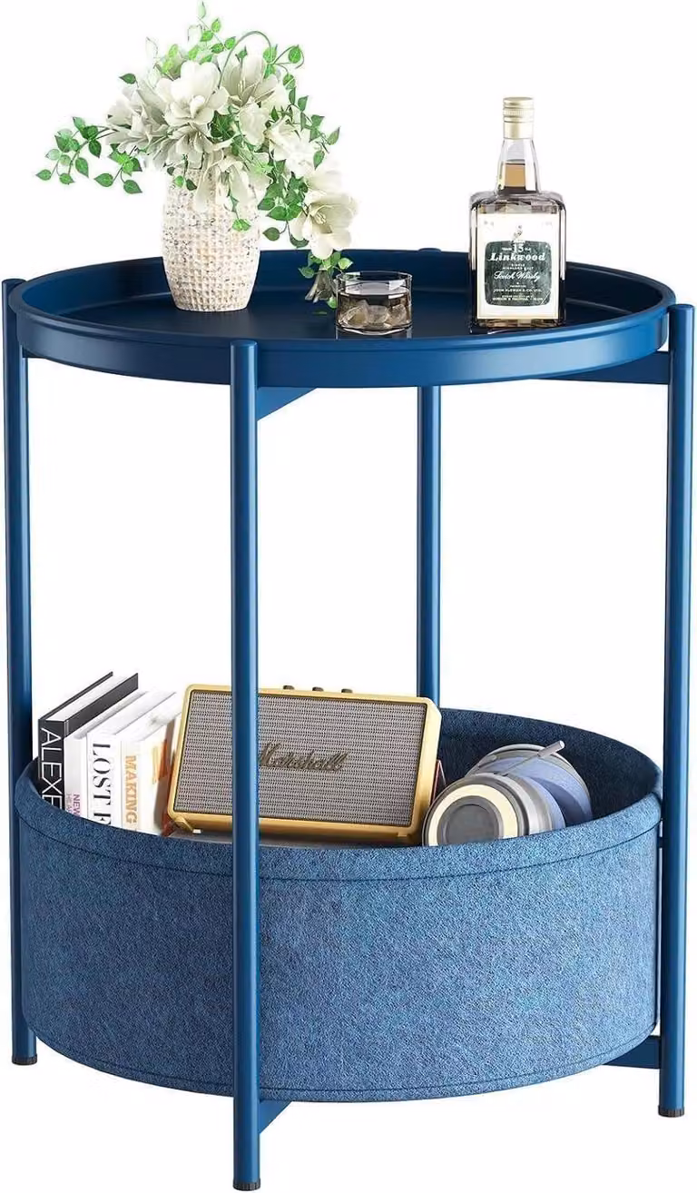 Tavolino rotondo con cestino in tessuto blu, stile moderno