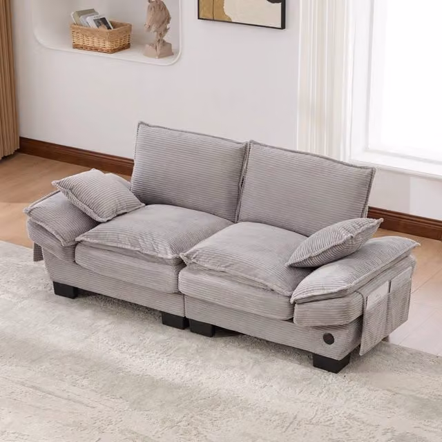 Divano Modulare 2 Posti in Tessuto ¨C MINIMAL ¨C Grigio Chiaro, Cuscini, Braccioli
