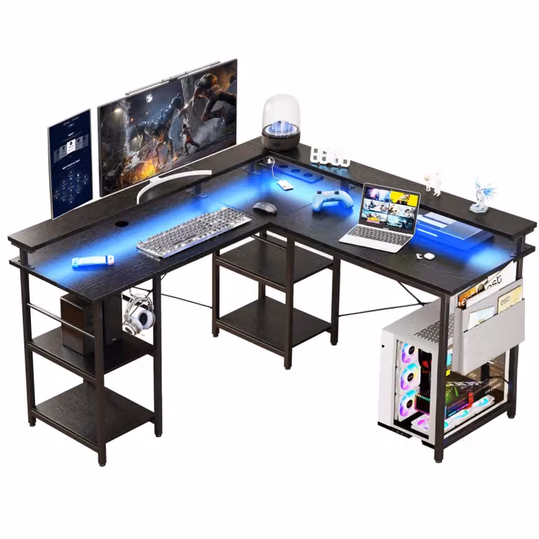 Tavolo da gioco ZELURXX a forma di L con illuminazione LED RGB, con borsa, supporto per doppio monitor, supporto per cuffie e prese, grigio