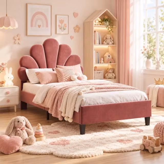 Letto Bambini 90x200cm, Letto Imbottito Singolo con Rete a Doghe, Testiera a Forma di Petalo, Per Bambini Ragazze e Adolescenti, Senza Materasso, Rosso Vino