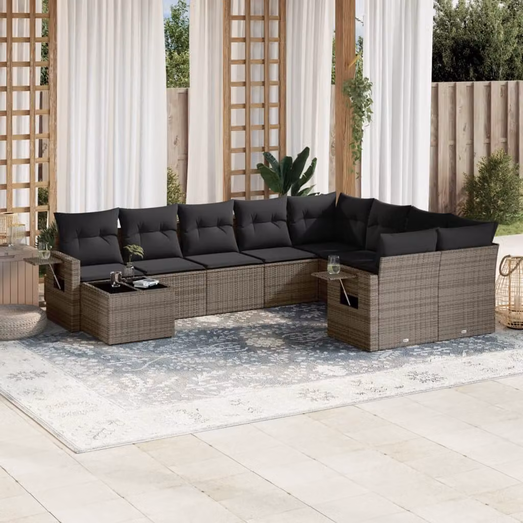 Set Divano da Giardino vidaXL 10 pz in Polyrattan Grigio con Cuscini e Tavolino – 1