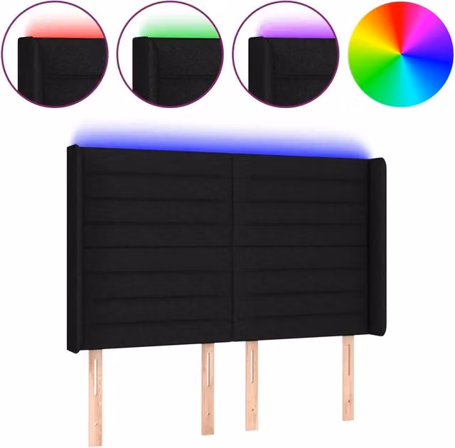 Testiera moderna in tessuto nero con illuminazione LED integrata e porta di ricarica USB, L: 147 cm, P: 16 cm, H: 118/128 cm – 1