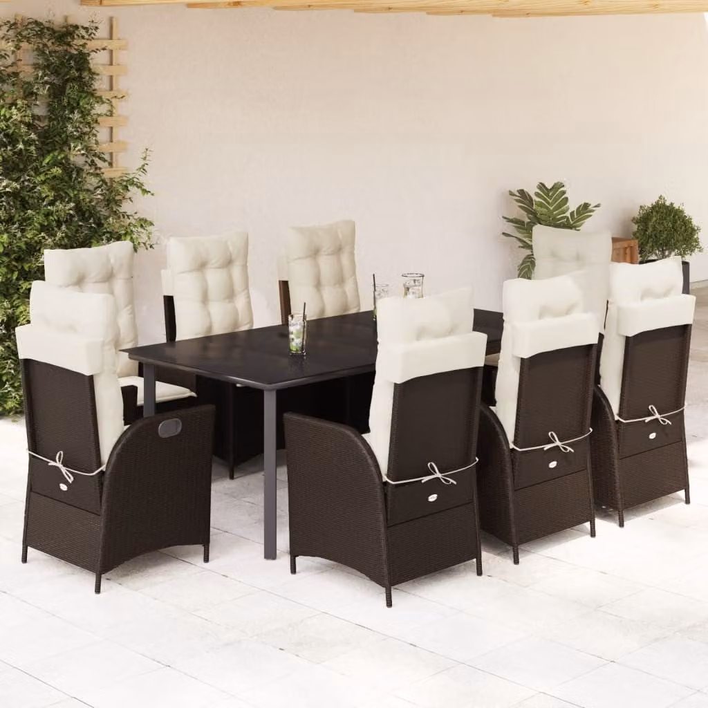 Set da Pranzo da Giardino vidaXL in Polyrattan Marrone con 9 Pezzi e Cuscini – 1