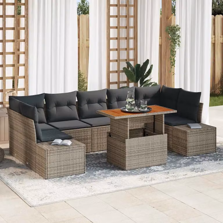 Set Divano da Giardino a L vidaXL 8 Pezzi Grigio con Tavolino e Cuscini in Rattan e Metallo