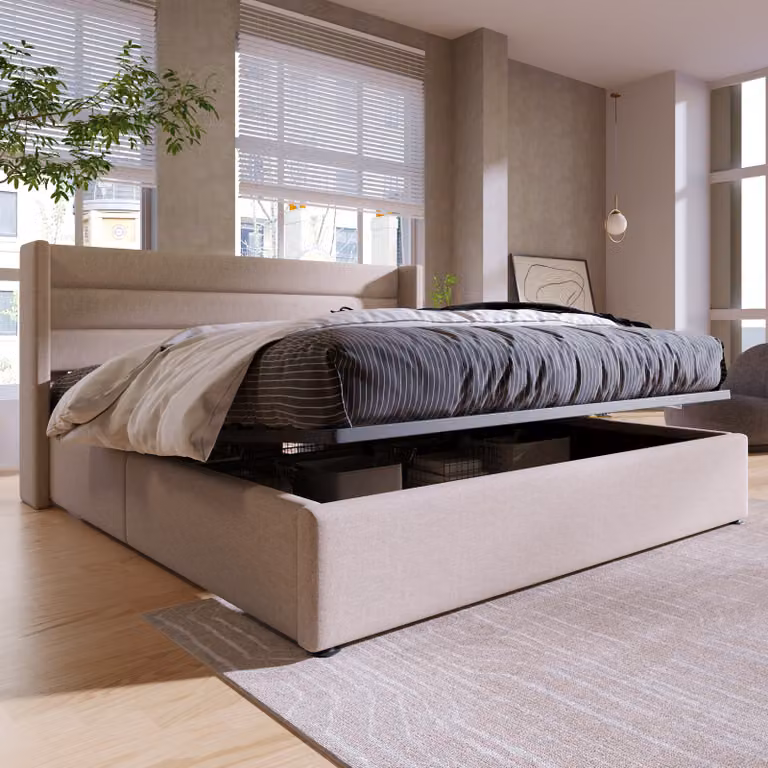Letto Merax a molle idrauliche 180x200cm letto imbottito con rete, rete a doghe in legno e struttura in metallo, letto contenitore letto matrimoniale in lino, beige