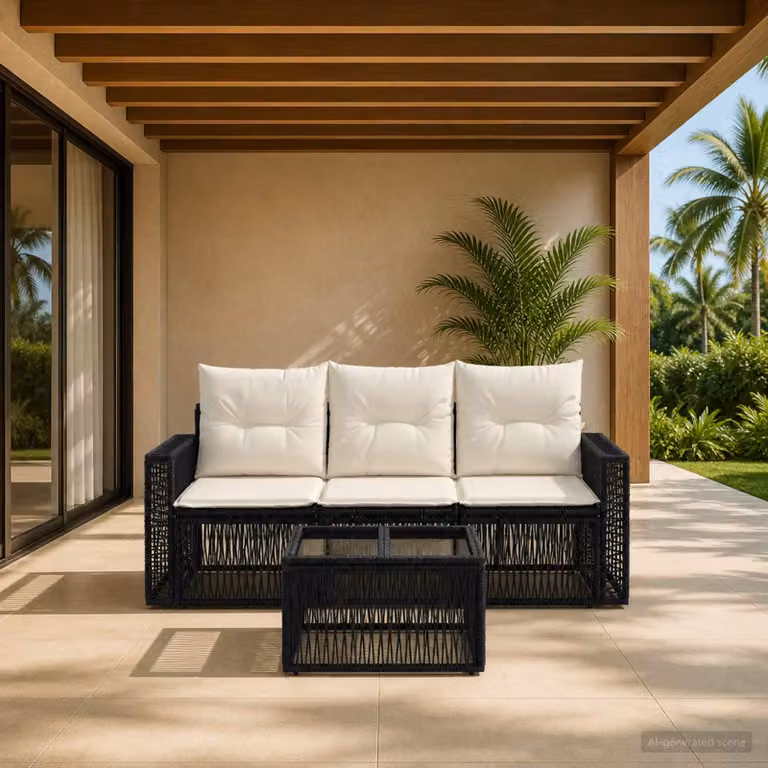 Set Divano da Giardino vidaXL 4 Pezzi in Polyrattan Nero e Bianco Crema con Cuscini Imbottiti e Tavolino da Caffè