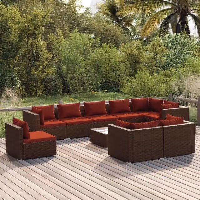 Set di Divani da Giardino a L con Tavolino vidaXL, Polyrattan Marrone e Rosso con Cuscini Inclusi – 1