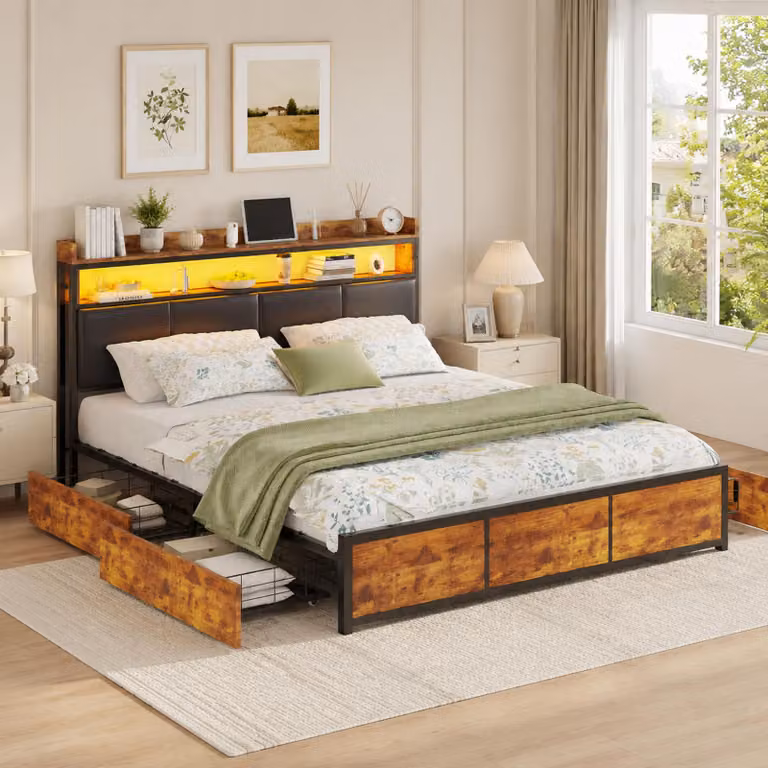 Letto imbottito INONEFT, 160x200 cm, letto matrimoniale con 4 cassetti, struttura in metallo con rete a doghe in ferro, testiera con LED e spazio contenitivo, rivestimento in PU, colore nero