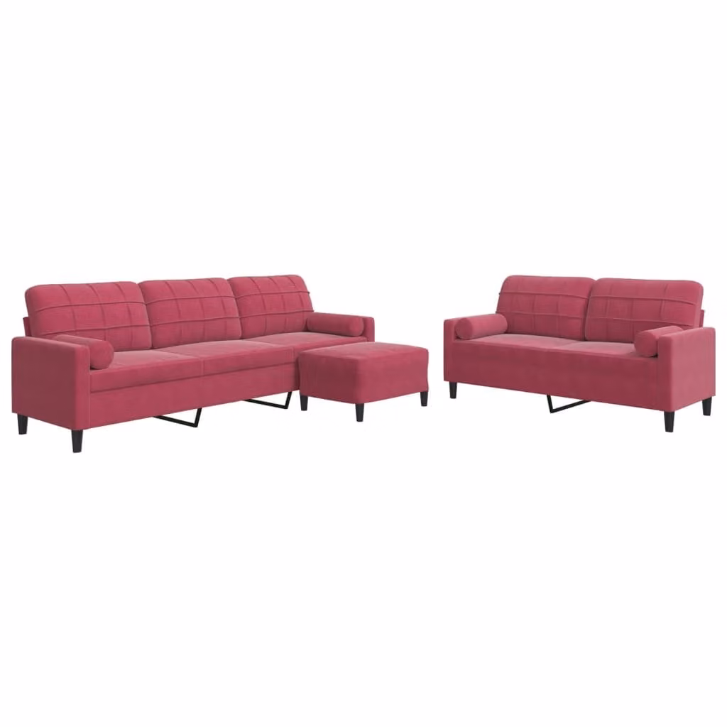 Set di Divani 3 pz con Cuscini e Rinforzi Rosso Vino in Velluto